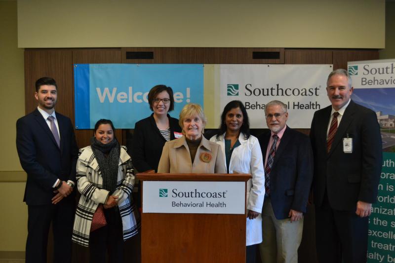 Ian Trombly from Congressman William Keating’s office; Kelly Andrade from Senator Michael Rodrigues’ office; Leslie Duclos from Congressman Joseph Kennedy’s office; Former Bristol County Juvenile Court judge Bettina Borders; Dr. Kalpana Polu, Medical Director for Adolescent Services at Southcoast Behavioral Health; David Cressman, Town Administrator for the Town of Dartmouth; and Kevin Burchill, CEO of Southcoast Behavioral Health. COURTESY PETER COHENNO/ SOUTHCOAST HEALTH